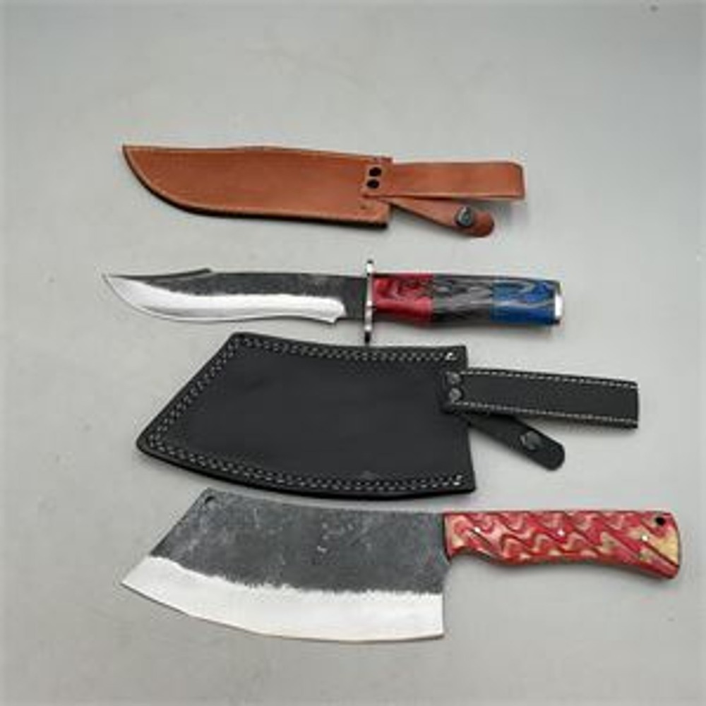 Shareez & Sons Forged Steel Bowie Knife and Meat Cleaver Set Leather Sheaths